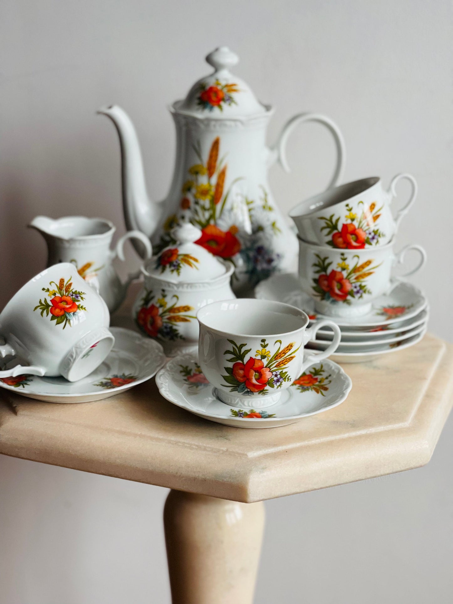 Set de ceai/cafea cu maci pictați