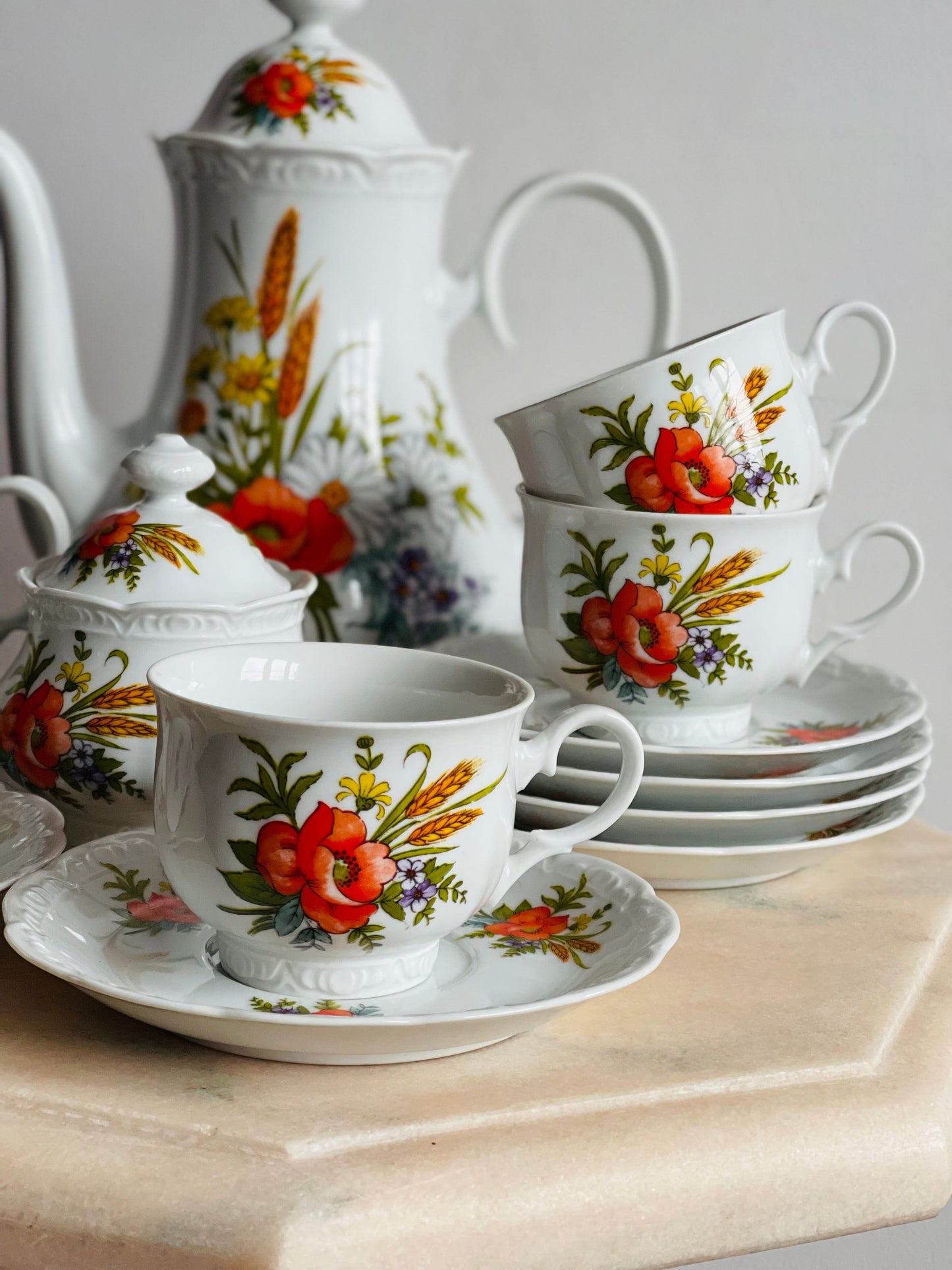 Set de ceai/cafea cu maci pictați