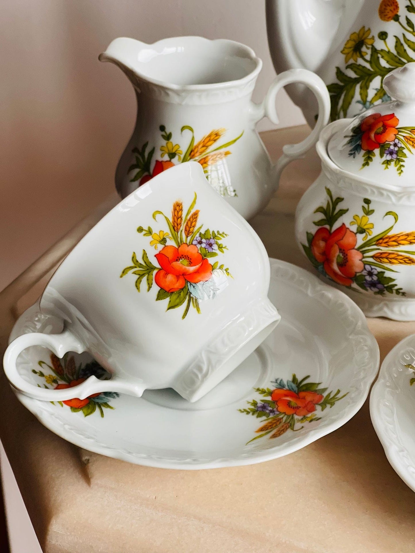 Set de ceai/cafea cu maci pictați