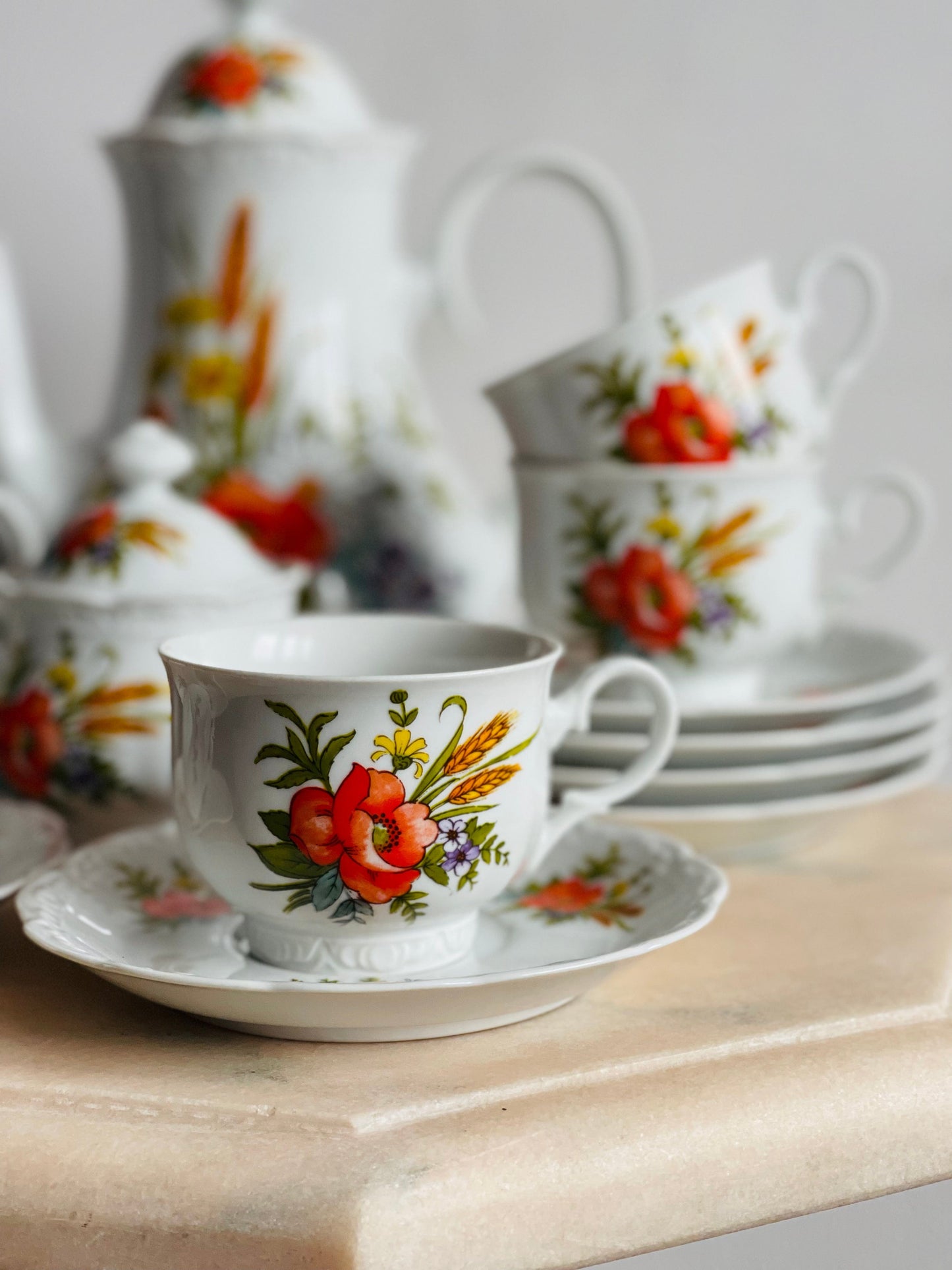 Set de ceai/cafea cu maci pictați