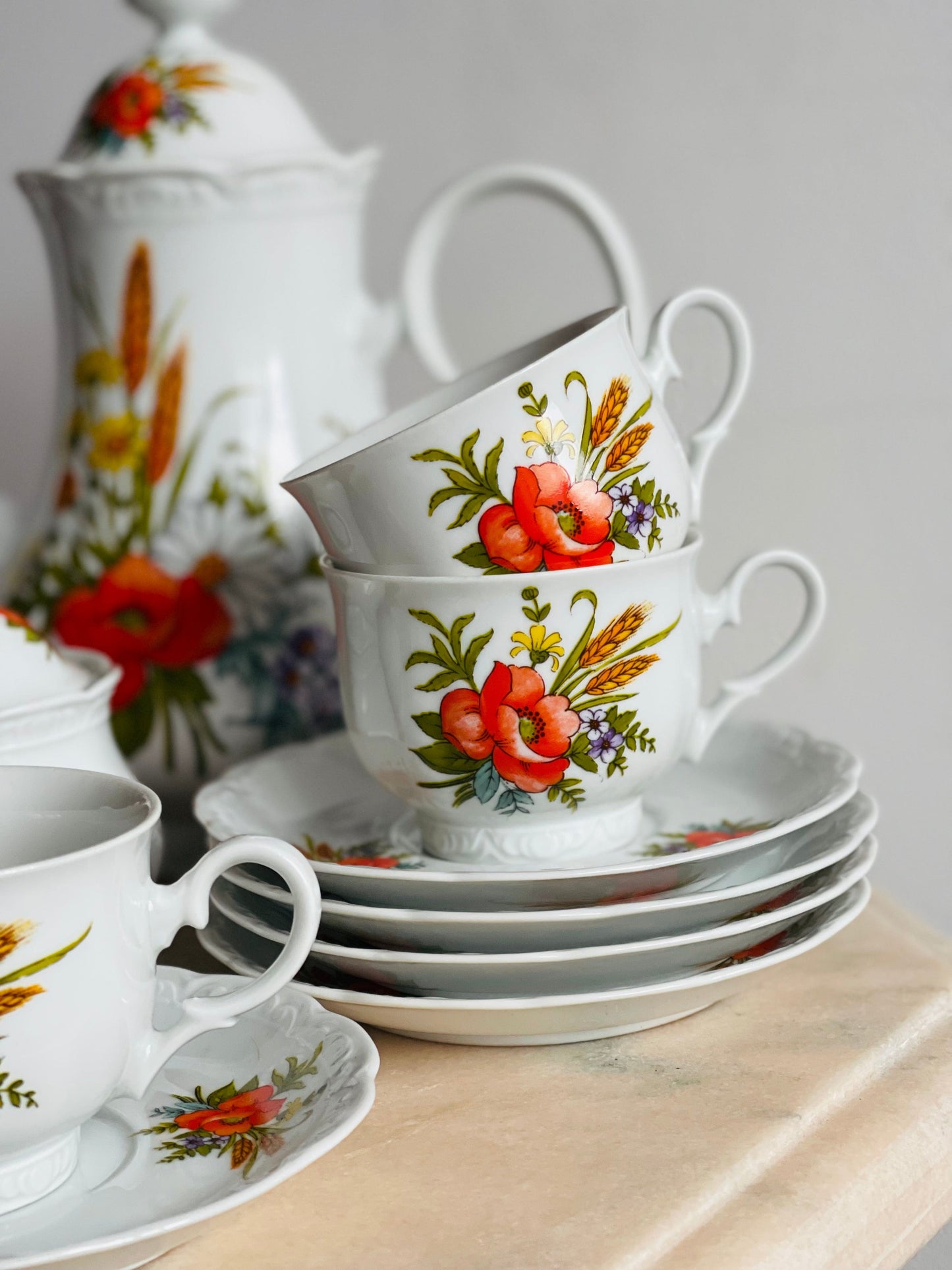 Set de ceai/cafea cu maci pictați