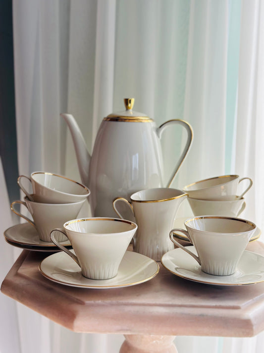 Set ceai/cafea crem cu auriu, art-deco, 6 persoane