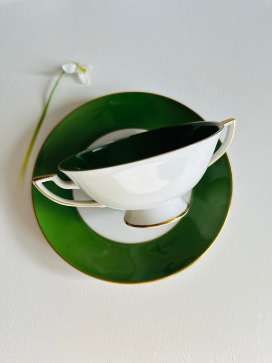 Ceașcă alb cu verde cu urechi, model art-deco
