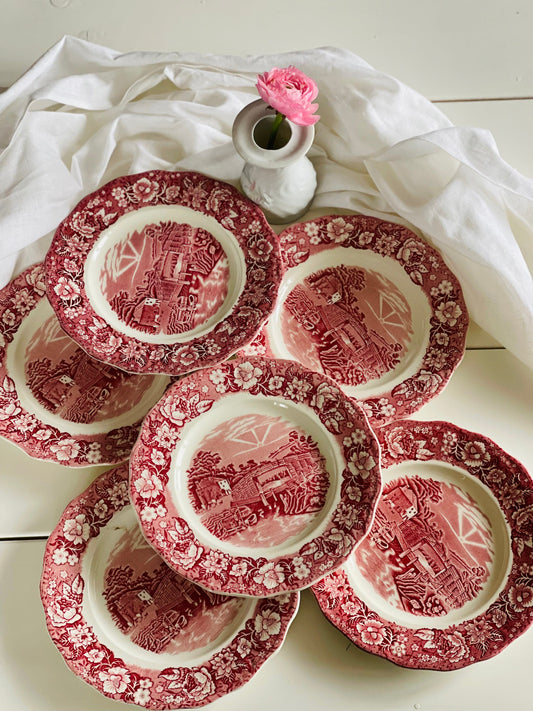 Set 6 farfurii aperitiv dantelate, porțelan englezesc alb cu roșu