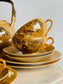Set de ceai/cafea porțelan japonez auriu pictat manual cu gheișe și păsări
