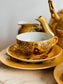 Set de ceai/cafea porțelan japonez auriu pictat manual cu gheișe și păsări