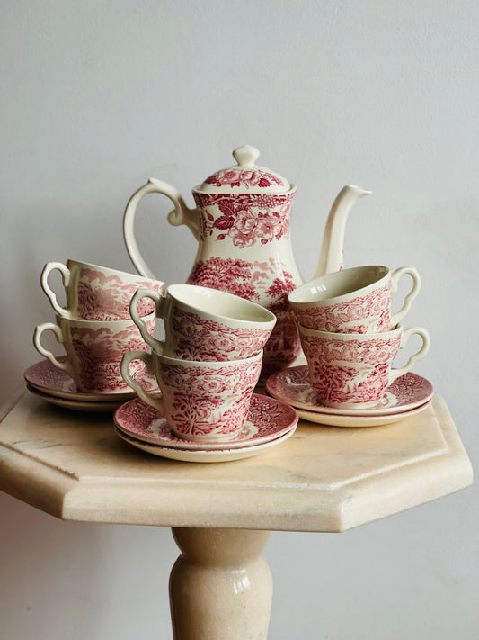 Set de ceai/cafea porțelan englezesc roșu cu alb